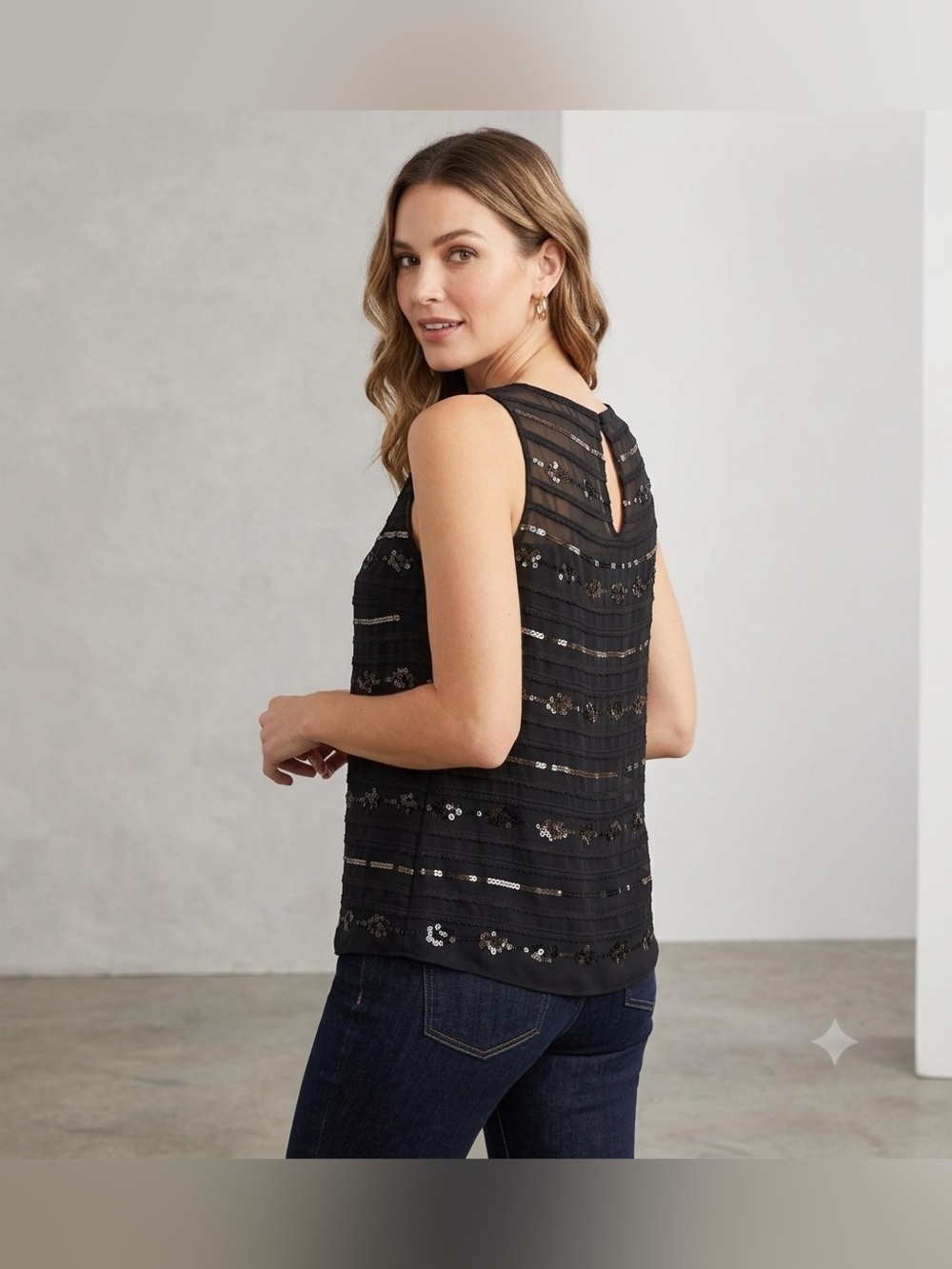 Trina Turk 100% Silk Sequin Sleeveless Top Black Sz L Effortless